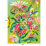 The ROSEART Double Sided Birds, Butterflies and Blooms 500 piece jigsaw puzzle features a vibrant green background and measures 24 x 18 inches.