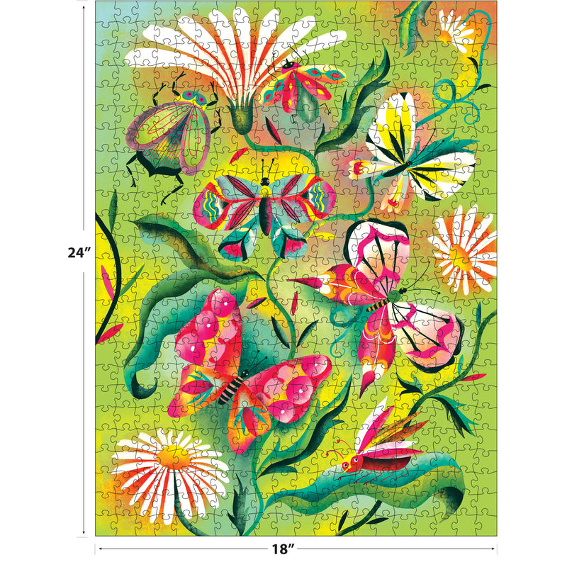 The ROSEART Double Sided Birds, Butterflies and Blooms 500 piece jigsaw puzzle features a vibrant green background and measures 24 x 18 inches.