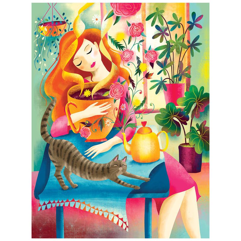 In the ROSEART - DOUBLE SIDED - HOME SWEET HOME - 500 PIECE JIGSAW PUZZLE, a woman with long red hair hugs a flower pot at a table, surrounded by plants, with a stretching tabby cat and yellow teapot adding cozy charm.