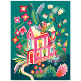 Enjoy piecing together the ROSEART Double Sided Home Sweet Home 500 Piece Jigsaw Puzzle, featuring a pink house surrounded by vibrant flowers and plants with a cozy outdoor table and chairs on a lush green lawn.