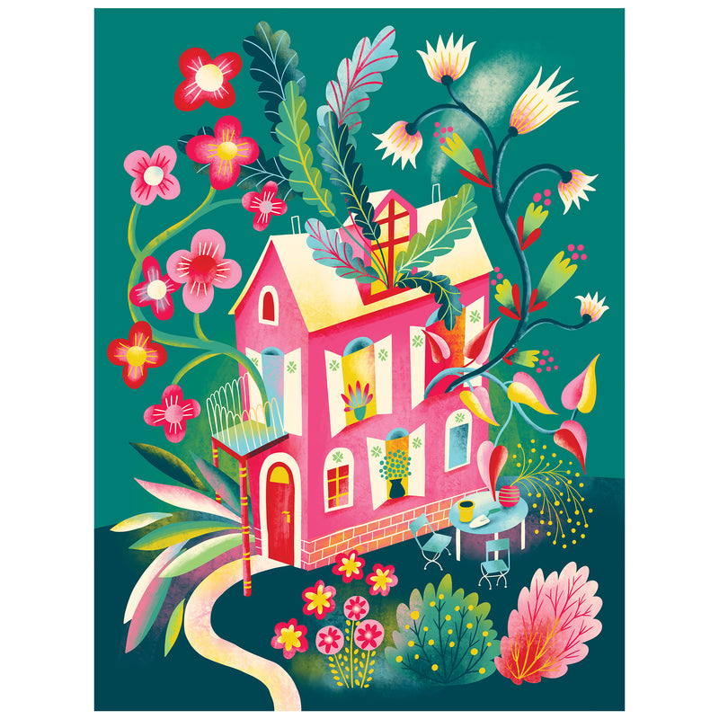 Enjoy piecing together the ROSEART Double Sided Home Sweet Home 500 Piece Jigsaw Puzzle, featuring a pink house surrounded by vibrant flowers and plants with a cozy outdoor table and chairs on a lush green lawn.