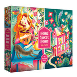 The ROSEART Double Sided Home Sweet Home 500 Piece Jigsaw Puzzle features vibrant, double-sided illustrations of a woman with her cat and a flower-filled house.