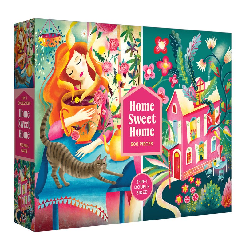 The ROSEART Double Sided Home Sweet Home 500 Piece Jigsaw Puzzle features vibrant, double-sided illustrations of a woman with her cat and a flower-filled house.