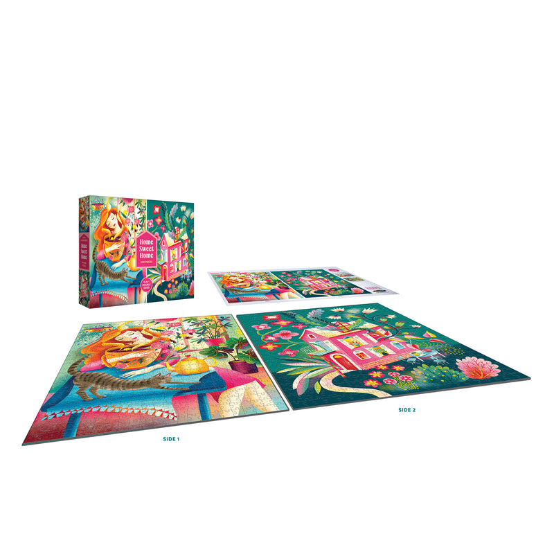 The ROSEART DOUBLE SIDED HOME SWEET HOME 500-piece jigsaw puzzle features vibrant nature scenes with a girl, animals, and a house. The set includes a box and two colorful completed puzzles shown side by side.