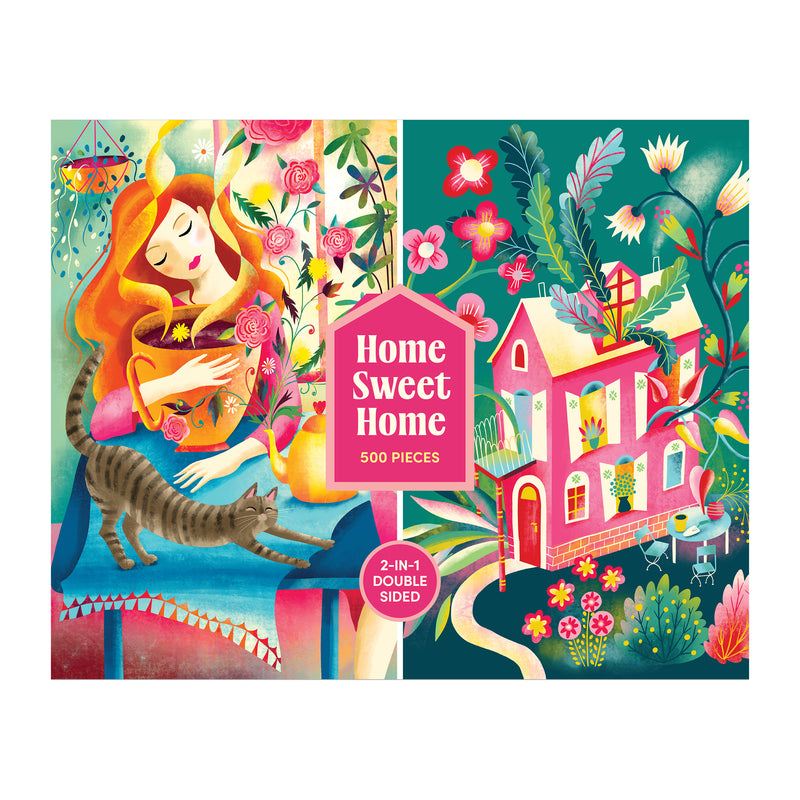 Colorful illustration of a woman with flowers and cat on one side, whimsical house and garden on the other. ROSEART - DOUBLE SIDED - HOME SWEET HOME - 500 PIECE JIGSAW PUZZLE. Text: “Home Sweet Home, 2-in-1 Double Sided.”.