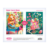 The ROSEART DOUBLE SIDED HOME SWEET HOME 500 PIECE JIGSAW PUZZLE features two illustrated scenes—a woman with a cat and guitar, and a colorful house with trees—with glossy and matte finishes on each side.