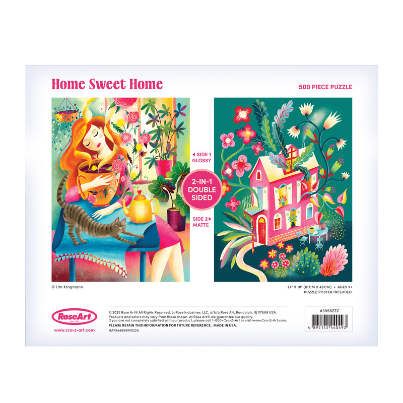The ROSEART DOUBLE SIDED HOME SWEET HOME 500 PIECE JIGSAW PUZZLE features two illustrated scenes—a woman with a cat and guitar, and a colorful house with trees—with glossy and matte finishes on each side.