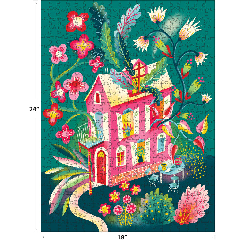 The ROSEART Double Sided Home Sweet Home 500 piece jigsaw puzzle features a pink house with colorful flowers on a teal background and measures 24" x 18".