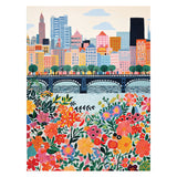 ROSEART - VERTICAL VISIONS - CITY FLOWERS 500 Piece Jigsaw Puzzle features a vibrant city skyline with tall buildings, a river bridge, and colorful flowers in the foreground—perfect for puzzle enthusiasts.