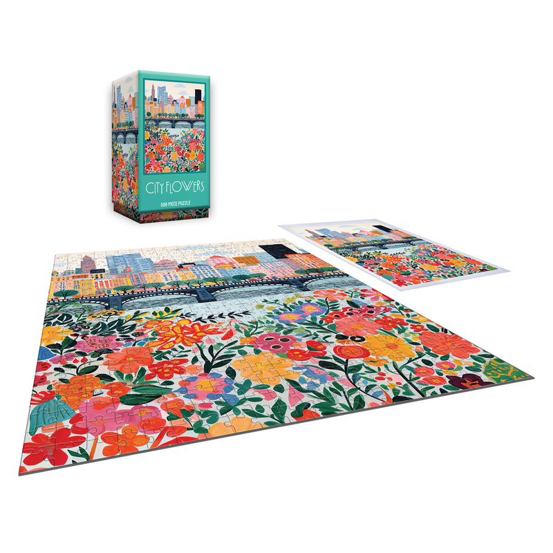 The completed ROSEART - VERTICAL VISIONS - CITY FLOWERS 500 piece jigsaw puzzle displays vibrant blooms, shown with its box and a matching image poster.