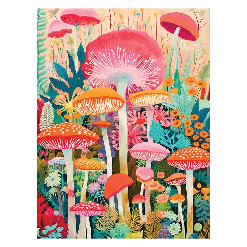 Enjoy assembling the ROSEART - VERTICAL VISIONS - MUSHROOMS 500 piece jigsaw puzzle, featuring a colorful illustration of red and orange mushrooms with vibrant foliage and flowers in a whimsical forest scene.