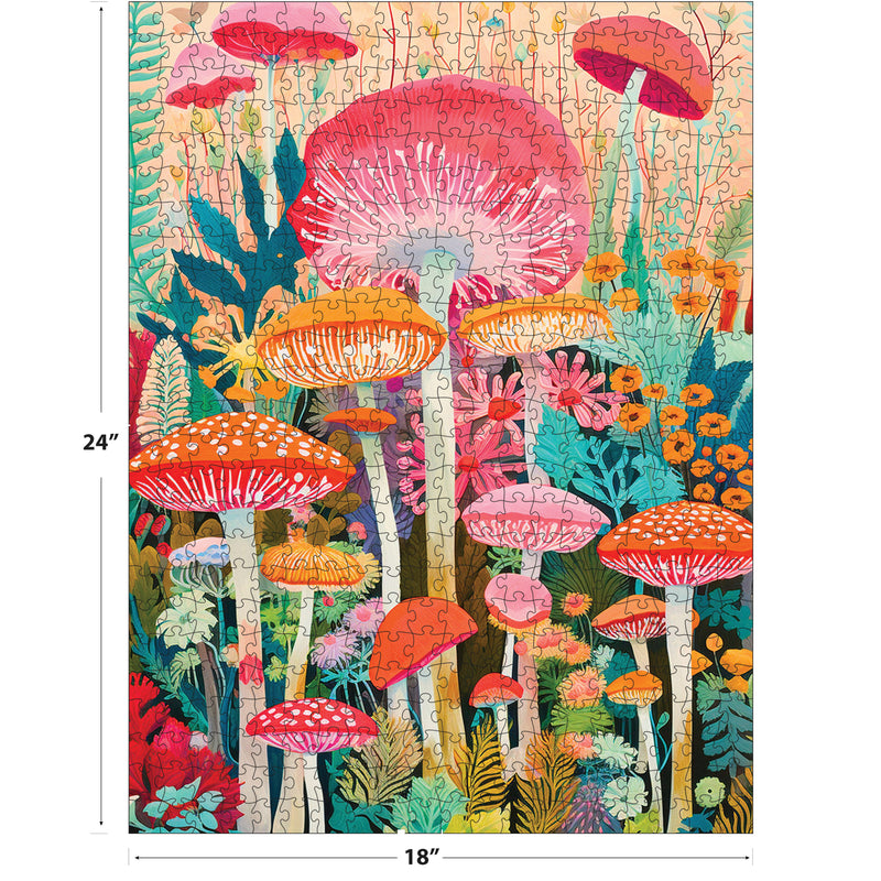 The ROSEART Vertical Visions Mushrooms 500-piece jigsaw puzzle features colorful red and orange mushrooms among vibrant plants and flowers, and measures 24 x 18 inches.