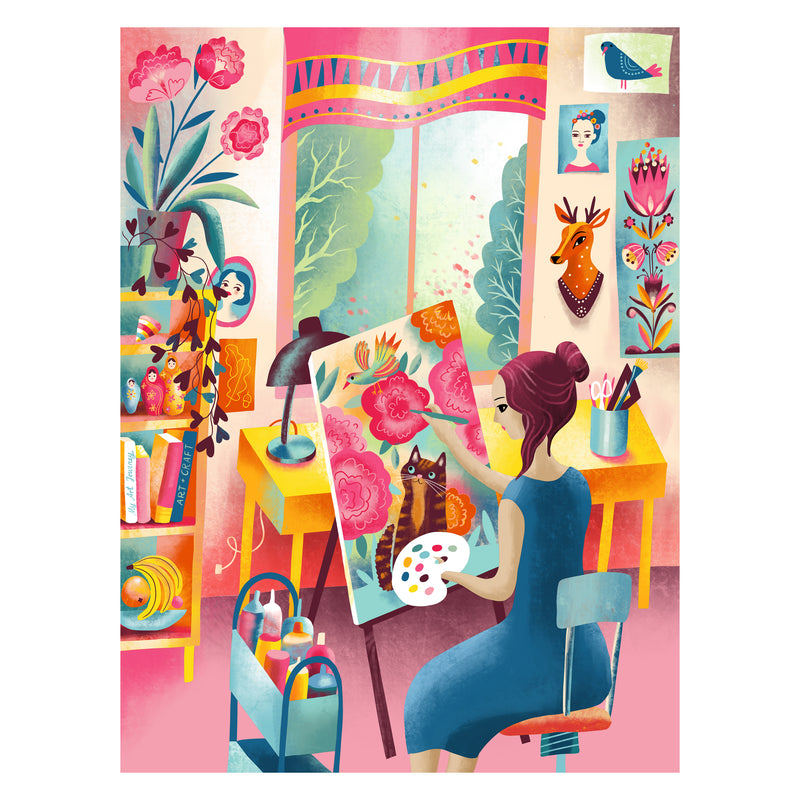 A woman in blue paints pink flowers and a black cat in a vibrant, plant-filled studio—captured in the ROSEART VERTICAL VISIONS ART STUDIO 500-piece jigsaw puzzle, where creativity blooms like a living masterpiece.