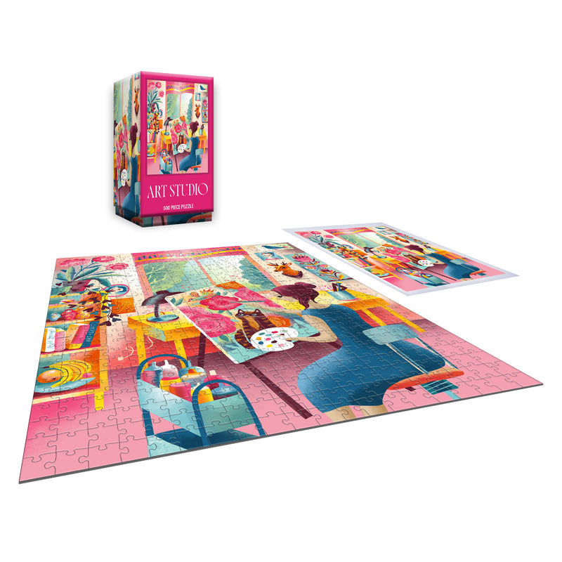 A completed ROSEART - VERTICAL VISIONS - ART STUDIO 500 piece jigsaw puzzle is displayed on a pink surface with its box and reference image nearby.