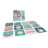 Twelve completed jigsaw puzzles with holiday designs from the ROSEART 12 DAYS OF CHRISTMAS ADVENT CALENDAR (12x100-piece) are displayed in front of the product box.