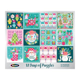 The ROSEART 12 Days of Christmas Advent Calendar includes 12 holiday-themed jigsaw puzzles, each with 100 pieces and festive designs like ornaments, snowmen, Santa, and cheerful Christmas greetings for seasonal fun.