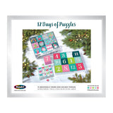 The ROSEART - 12 DAYS OF CHRISTMAS ADVENT CALENDAR includes twelve 100-piece jigsaw puzzles, festive decor, and numbered doors for each day, all displayed on a white surface with pine branches.