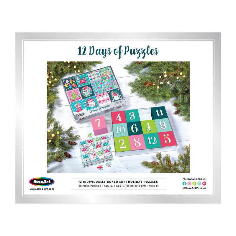 The ROSEART - 12 DAYS OF CHRISTMAS ADVENT CALENDAR includes twelve 100-piece jigsaw puzzles, festive decor, and numbered doors for each day, all displayed on a white surface with pine branches.
