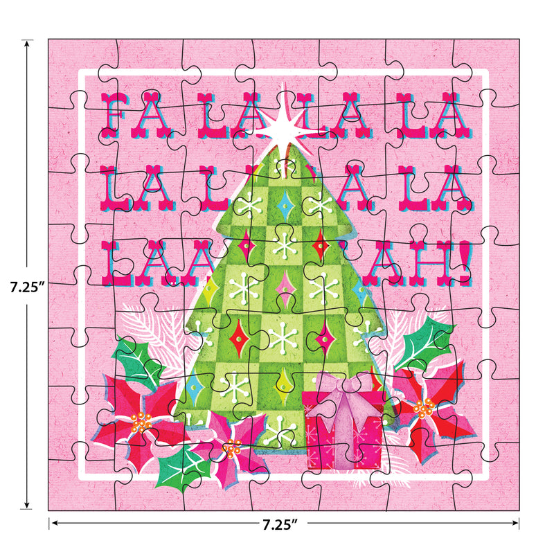 The ROSEART 12 Days of Christmas Advent Calendar includes 12 jigsaw puzzles (12-100 pieces), each 7.25" x 7.25", featuring festive designs like a green Christmas tree, poinsettias, and "FA LA LA LA LA!" on a pink background.