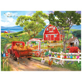 The ROSEART's KODAK PREMIUM - FARM STAND 350-piece jigsaw puzzle features a lively farm scene with a red truck, barn, bustling animals like chickens, cows, fluttering butterflies, and a cheerful "Fresh Produce" sign that welcomes visitors.
