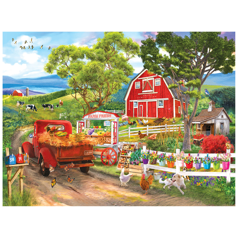 The ROSEART's KODAK PREMIUM - FARM STAND 350-piece jigsaw puzzle features a lively farm scene with a red truck, barn, bustling animals like chickens, cows, fluttering butterflies, and a cheerful "Fresh Produce" sign that welcomes visitors.