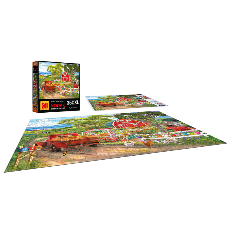 The ROSEART Kodak Premium Farm Stand 350-piece jigsaw puzzle features a charming rural scene with a red barn, vintage truck, and farm animals. This puzzle promises hours of fun and comes in beautifully designed packaging reminiscent of a quaint farm stand.