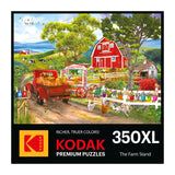 The ROSEART Kodak Premium "Farm Stand" 350-piece jigsaw puzzle features a charming farm scene with a red truck, barn, animals, and a vibrant stand selling flowers.