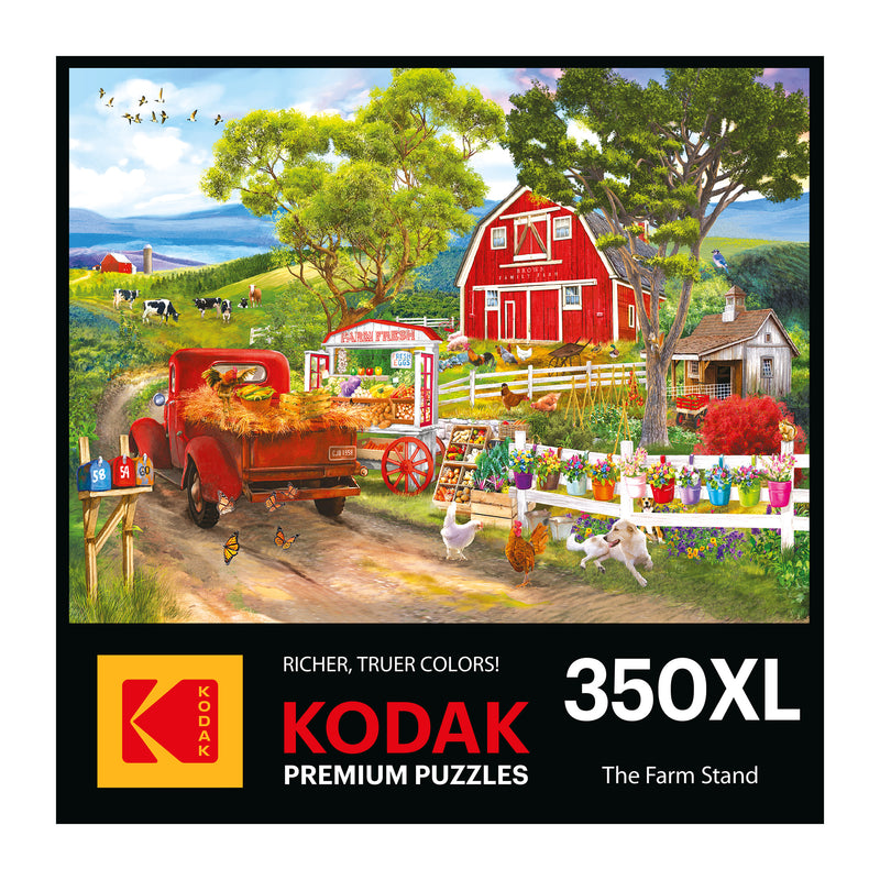 The ROSEART Kodak Premium "Farm Stand" 350-piece jigsaw puzzle features a charming farm scene with a red truck, barn, animals, and a vibrant stand selling flowers.