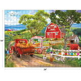 Immerse yourself in rural charm with the ROSEART KODAK Premium Farm Stand 350-piece jigsaw puzzle, featuring a red barn, flower-filled vintage truck, diverse animals, and lush trees in a picturesque setting.