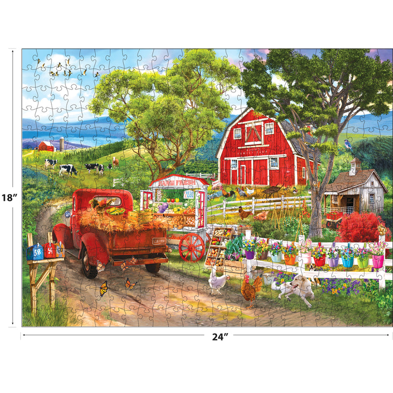 Immerse yourself in rural charm with the ROSEART KODAK Premium Farm Stand 350-piece jigsaw puzzle, featuring a red barn, flower-filled vintage truck, diverse animals, and lush trees in a picturesque setting.