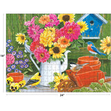 Enjoy the allure of the ROSEART Kodak Premium 350-piece puzzle, "Spring Bouquet with Birds," featuring flowers in a watering can, a bluebird house, and vibrant birds among potted plants. Final size: 18" x 24".