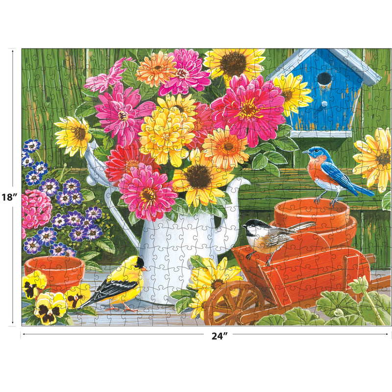 Enjoy the allure of the ROSEART Kodak Premium 350-piece puzzle, "Spring Bouquet with Birds," featuring flowers in a watering can, a bluebird house, and vibrant birds among potted plants. Final size: 18" x 24".