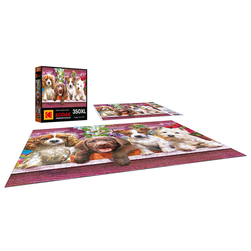 This 350-piece Kodak Premium jigsaw puzzle by RoseArt captures the playful charm of six puppies on a shelf.