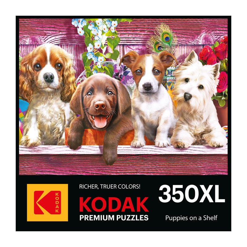The ROSEART Kodak Premium 350-piece jigsaw puzzle features a box cover with four adorable puppies on a shelf set against a vibrant floral backdrop.