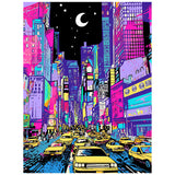 Experience the ROSEART NEON BRIGHTS NYC 500 Piece Jigsaw Puzzle, featuring a lively city street at night with yellow taxis, vibrant buildings, neon lights, and a crescent moon—ideal for NYC puzzle enthusiasts!.