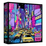 The ROSEART Neon Brights NYC 500 Piece Jigsaw Puzzle features a vibrant illustration of a bustling NYC street with yellow taxis and skyscrapers—perfect for puzzle fans and New York City lovers!.