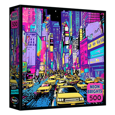 The ROSEART Neon Brights NYC 500 Piece Jigsaw Puzzle features a vibrant illustration of a bustling NYC street with yellow taxis and skyscrapers—perfect for puzzle fans and New York City lovers!.