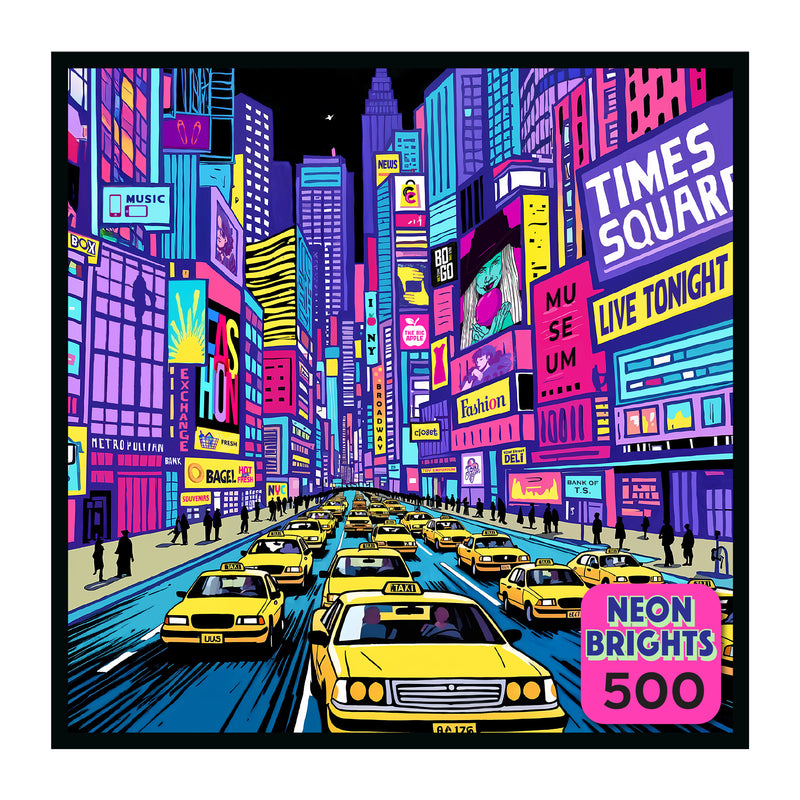 The ROSEART - NEON BRIGHTS - NYC - 500 PIECE JIGSAW PUZZLE features a vibrant Times Square night scene with yellow taxis, bustling pedestrians, and glowing neon billboards—perfect for cityscape and puzzle enthusiasts.