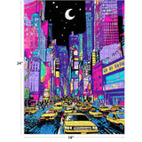 Experience the vibrant NYC scene with ROSEART - NEON BRIGHTS - NYC - 500 PIECE JIGSAW PUZZLE, featuring yellow taxis, neon-lit skyscrapers, billboards, and a crescent moon. Finished size: 24 in x 18 in.