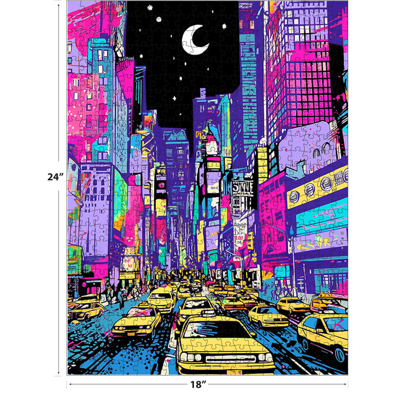 Experience the vibrant NYC scene with ROSEART - NEON BRIGHTS - NYC - 500 PIECE JIGSAW PUZZLE, featuring yellow taxis, neon-lit skyscrapers, billboards, and a crescent moon. Finished size: 24 in x 18 in.