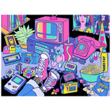 Relive the 80s with ROSEART - NEON BRIGHTS - 1980'S - 500 PIECE JIGSAW PUZZLE, featuring a colorful illustration of retro icons like CRT TVs, cassette tapes, Game Boy, VHS tapes, and more in a vibrant neon decor.