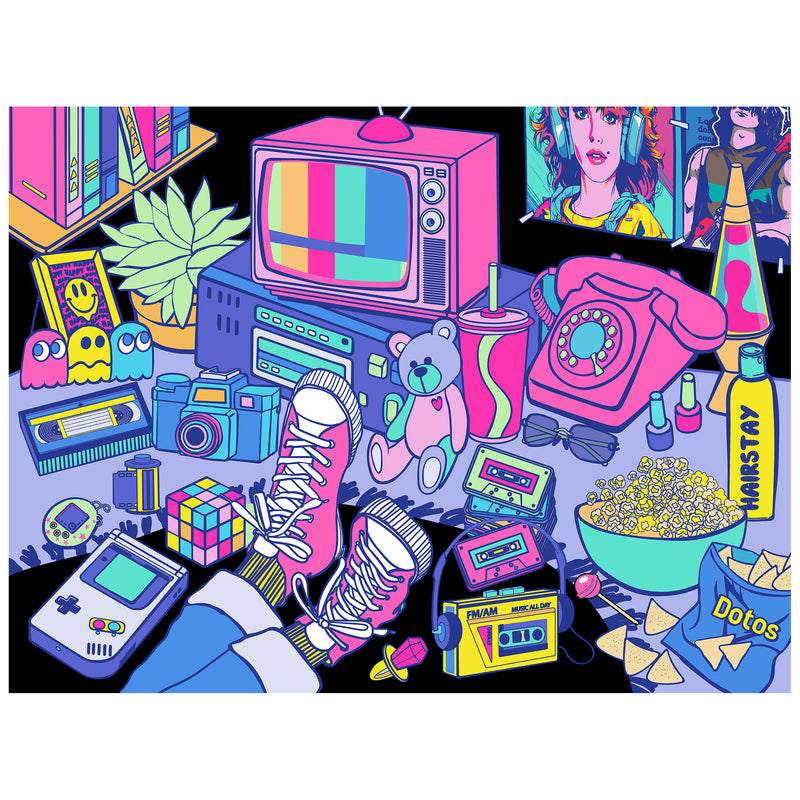 Relive the 80s with ROSEART - NEON BRIGHTS - 1980'S - 500 PIECE JIGSAW PUZZLE, featuring a colorful illustration of retro icons like CRT TVs, cassette tapes, Game Boy, VHS tapes, and more in a vibrant neon decor.