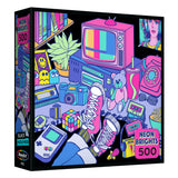 ROSEART - NEON BRIGHTS - 1980'S - 500 PIECE JIGSAW PUZZLE features a vivid neon illustration of retro 80s and 90s items like a CRT TV, Game Boy, cassette tape, and sneakers. Perfect for nostalgia fans seeking a colorful challenge.