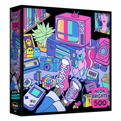 ROSEART - NEON BRIGHTS - 1980'S - 500 PIECE JIGSAW PUZZLE features a vivid neon illustration of retro 80s and 90s items like a CRT TV, Game Boy, cassette tape, and sneakers. Perfect for nostalgia fans seeking a colorful challenge.