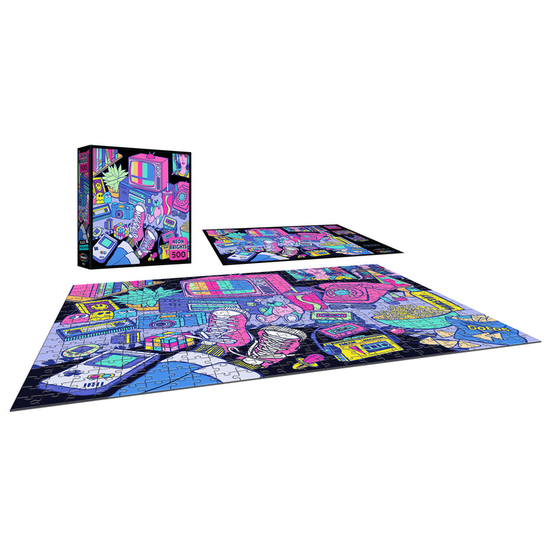 The ROSEART - NEON BRIGHTS - 1980'S - 500 Piece Jigsaw Puzzle, featuring retro-inspired neon graphics, is shown alongside its box and a partially completed version.