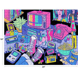 The ROSEART - NEON BRIGHTS - 1980'S 500 piece jigsaw puzzle features vibrant neon colors and classic pop culture icons like a cassette player, pink TV, sneakers, popcorn, retro phone, Rubik's Cube, and video game references.