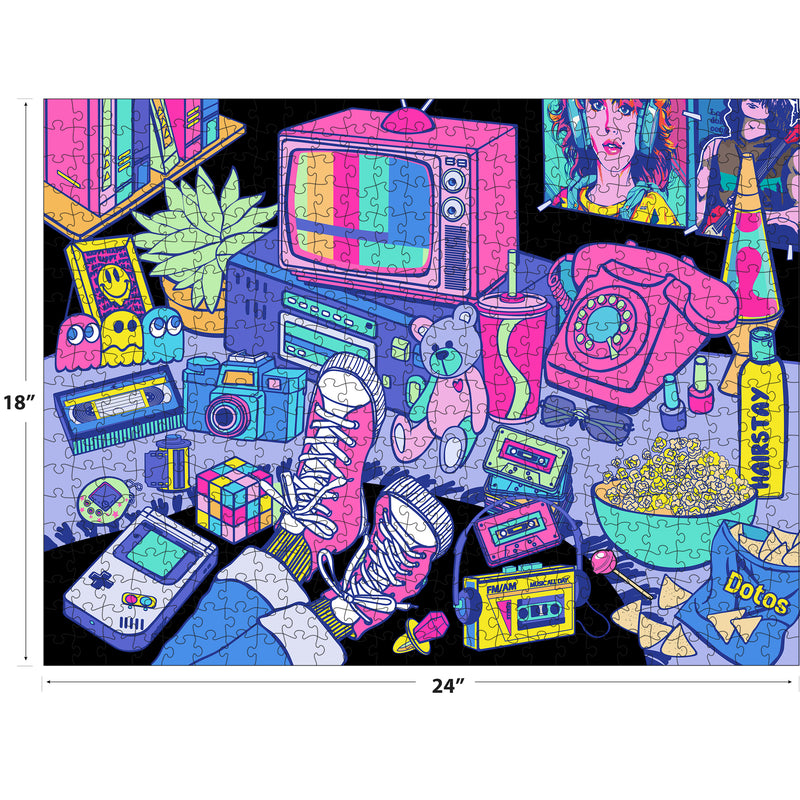 The ROSEART - NEON BRIGHTS - 1980'S 500 piece jigsaw puzzle features vibrant neon colors and classic pop culture icons like a cassette player, pink TV, sneakers, popcorn, retro phone, Rubik's Cube, and video game references.
