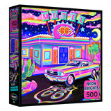 The ROSEART Neon Brights RT 66 Night 500-piece jigsaw puzzle features a vivid illustration of a vintage motel, classic car, cactus, and Route 66 sign under a neon-lit night sky.