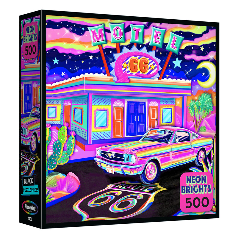 The ROSEART Neon Brights RT 66 Night 500-piece jigsaw puzzle features a vivid illustration of a vintage motel, classic car, cactus, and Route 66 sign under a neon-lit night sky.