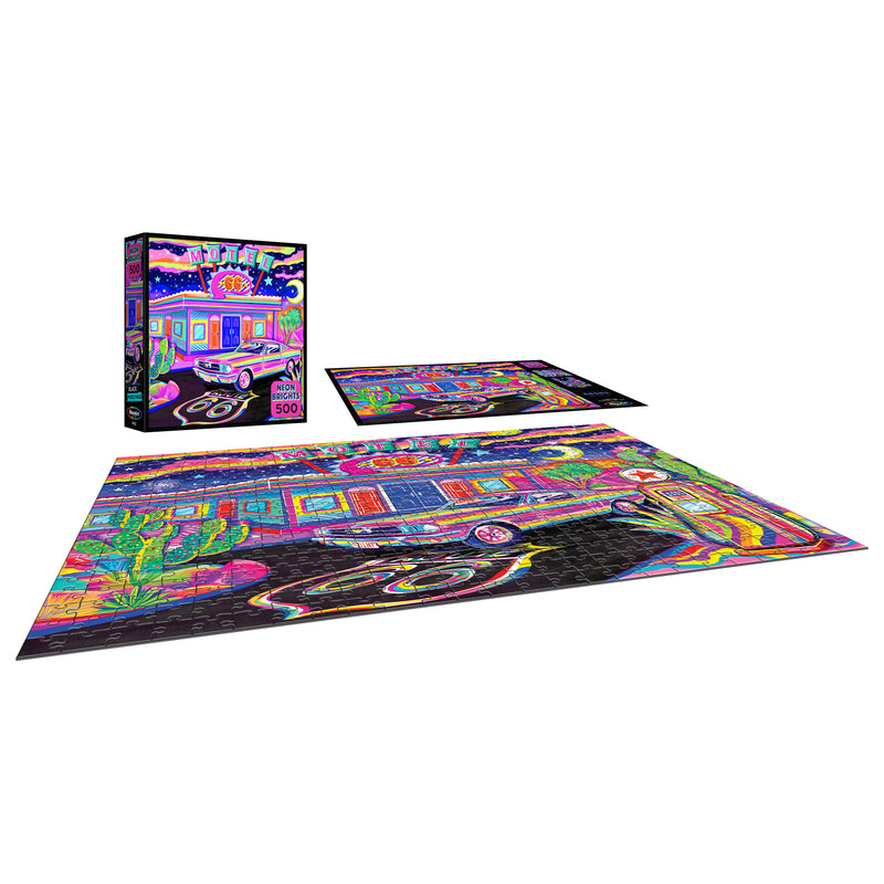 The ROSEART - NEON BRIGHTS - RT 66 NIGHT 500 piece jigsaw puzzle features a vibrant neon diner scene on Route 66, shown completed beside its box and in a second view of the finished puzzle.
